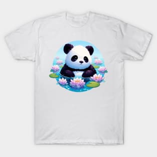 Cute Anime Panda Bear Bath With Water Lily T-Shirt